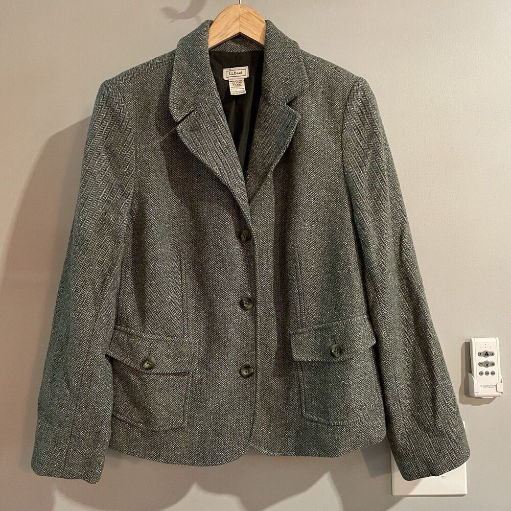 LL Bean Blazer Galway Jacket Herringbone Wool Silk Wool Blend Button Up Large